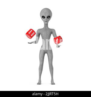 Scary Gray Humanoid Alien Cartoon Character Person Mascot with Red Game Dice Cubes in Flight on a white background. 3d Rendering Stock Photo