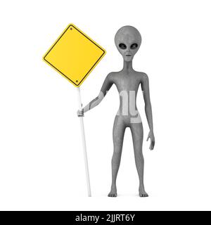 Scary Gray Humanoid Alien Cartoon Character Person Mascot aand Yellow Road Sign with Free Space for Yours Design on a white background. 3d Rendering Stock Photo