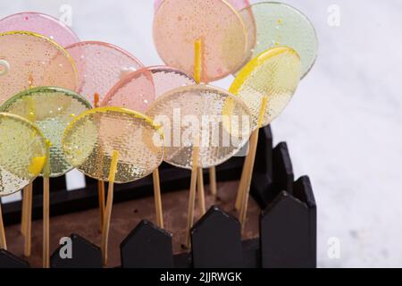 A group of colorful Eco-Friendly Lollipops on a black wooden basket on a white marble surface Stock Photo