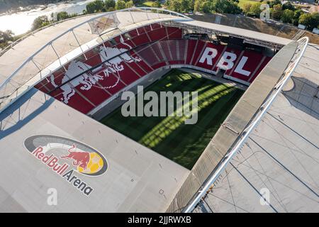 Leipzig, Germany. 27th July, 2022. View of the Red Bull Arena Leipzig, now completely equipped with red seats. RB Leipzig's home arena holds up to 47,069 spectators. (Aerial view with drone) Credit: Jan Woitas/dpa/Alamy Live News Stock Photo