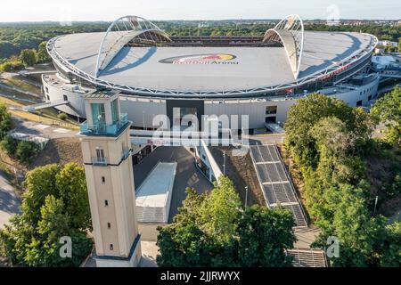 Leipzig, Germany. 27th July, 2022. View of the Red Bull Arena Leipzig. The home ground of RB Leipzig holds up to 47 069 spectators. (Aerial view with drone) Credit: Jan Woitas/dpa/Alamy Live News Stock Photo