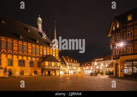 Wernigerode town hall at night with a view of the market square Stock Photo