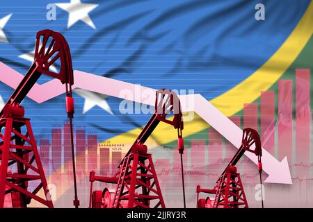 Solomon Islands oil industry concept, industrial illustration - lowering down chart on Solomon Islands flag background. 3D Illustration Stock Photo