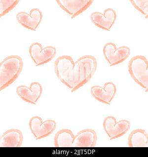 Watercolor painting of hearts, cute watercolor heart shape spreading around on white background, hand-drawn paint, seamless pattern. Stock Photo