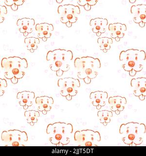 Cute dog family, watercolor painting of dogs cartoon family with hearts around, cute seamless pattern of dog with love emotion. Hand-drawn watercolor Stock Photo