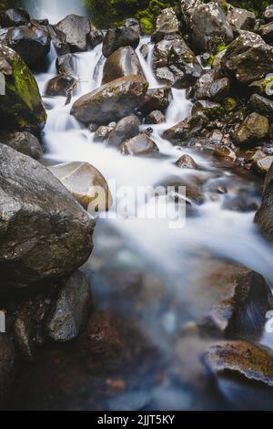 A vertical shot of Dawson falls Egmont-National park in New Zealand Stock Photo