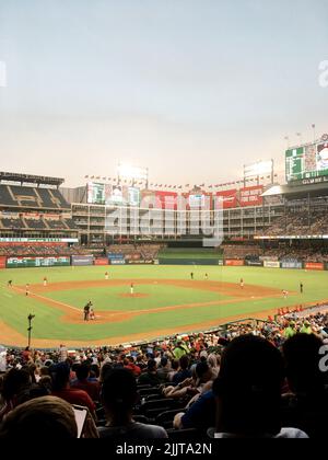 19 SEP 2016: Texas Rangers Mascot Captain throws t-shirts to the crowd  during the MLB game between the Los Angeles Angels of Anaheim and Texas  Rangers at Globe Life Park in Arlington