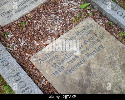 The Huxley family grave, where the ashes of the famous author Aldous Huxley were interred; Watts Mortuary Chapel, Compton, Guildford, Surrey, UK Stock Photo