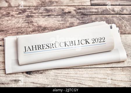 Jahresrückblick 2022 (German for: Review / year in review 2022) on a folded newspaper as a front page Stock Photo