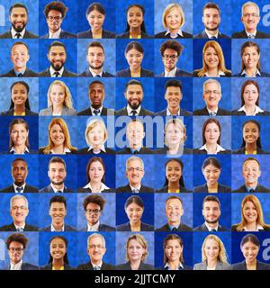 Square of many business portraits in front of a blue polygon background as a digitization concept Stock Photo