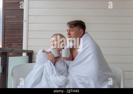 Happy drink couple girl blanket guy cute married young family, for adult man for romance and leisure husband, beautiful amorous. Closeness wife Stock Photo