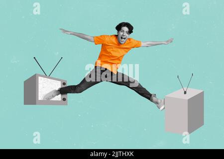 Collage image of overjoyed guy black white effect jump between two tv isolated on drawing background Stock Photo
