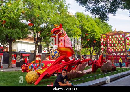 Xi'An, China - June 5, 2022: Beautiful traditional decoration in the city center. The area is a tourist attraction. Stock Photo