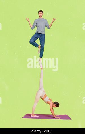 Vertical creative collage picture of two people girl stretching leg hold meditating guy isolated on green background Stock Photo