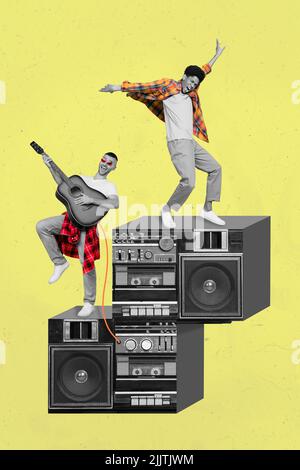 Vertical collage illustration of two excited overjoyed small guys black white colors dance huge boom box play guitar Stock Photo