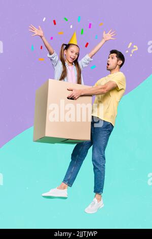 Vertical composite collage image of impressed guy hold carton box little excited girl congratulating isolated on divided colors background Stock Photo