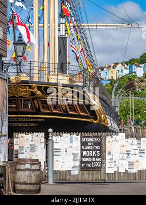 The elaborate stern section of Brunel's historic SS Great Britainand enterance to the docks in Bristol Stock Photo