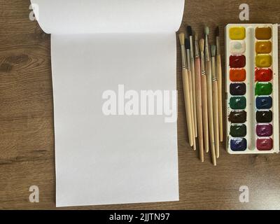 A set of different paint brushes with watercolor paints and white album pages Stock Photo