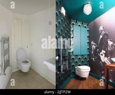 Cloakroom transformation. Before and after pictures of a cloakroom in a south London house, UK. Addition of wallpaper, giant vintage photo and paint. Stock Photo