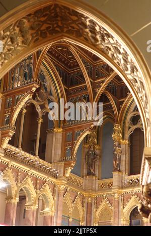 A vertical low angle of Hungarian parliament building interiors in Budapest Stock Photo