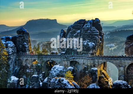 The Bastei Bridge in Saxony Germany in winter Stock Photo