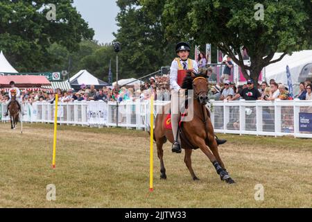 New Forest and Hampshire County Show in July 2022, England, UK. Pony Club mounted games display in the arena. Stock Photo