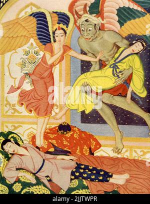 'The jinnee Dehnesh brings Princess Badour to compare her with Prince Kermerezzeman' published December 31,1950 in the American Weekly by Edmund Dulac Stock Photo