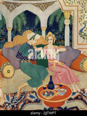 'Prince Ahmed and the Fairy Princess Peri-Banou' published on January 14,1951 in the American Weekly Sunday magazine painted by  Edmund Dulac. Stock Photo