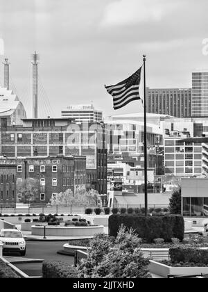 A vertical grayscale shot of the skyline of Kansas City, the USA Stock Photo