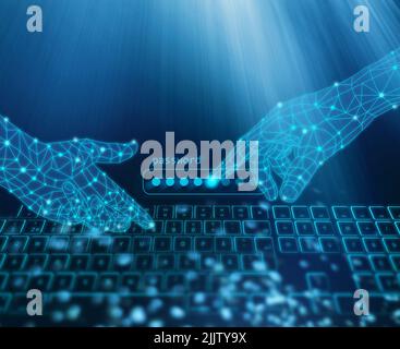 Digital hands reaching and typing password, world wide data breach and data security concept Stock Photo