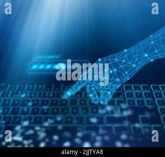 Digital hand reaching and typing password, world wide data breach and data security concept Stock Photo