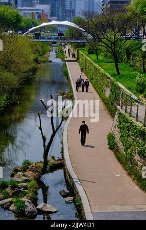 South Korea, Seoul, Cheonggyecheon, 6 kilometer long promenade inaugurated in 2005 which runs along the Cheonggyecheon River Stock Photo