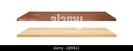 Two tabletops light and dark brown. Pine and oak boards, shelves isolated on white Stock Photo