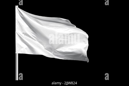 Fluttering blank white flag on flagpole isolated on black background Stock Photo