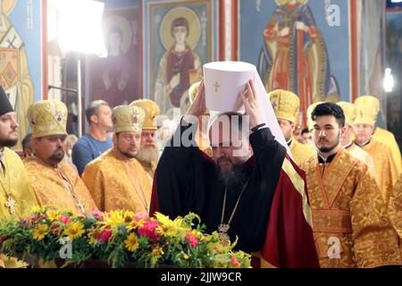 KYIV, UKRAINE - JULY 28, 2022 - Primate of the Orthodox Church of Ukraine, Metropolitan of Kyiv and Ukraine Epifanii prepares to conduct a divine litu Stock Photo