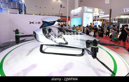 Haikou, China's Hainan Province. 28th July, 2022. An electric flying car of XPeng is seen at the second China International Consumer Products Expo (CICPE) in Haikou, south China's Hainan Province, July 28, 2022. Credit: Yang Guanyu/Xinhua/Alamy Live News Stock Photo