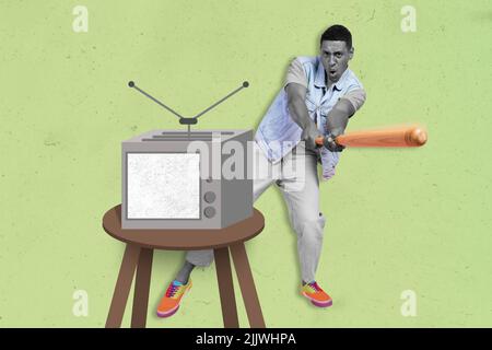 Photo artwork minimal picture of angry man beating batter fake news tv-set isolated drawing green background Stock Photo