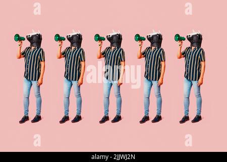 some men wearing cow masks speak into green megaphones standing on a pink background Stock Photo