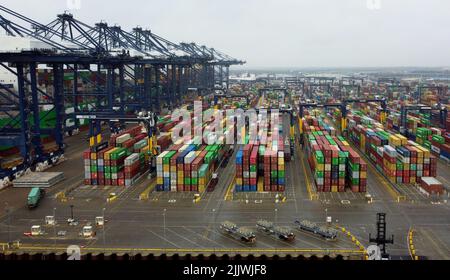 File photo dated 06/12/21 of a view of the Port of Felixstowe in Suffolk, Britain's biggest and busiest container port. Workers at the leading container port have voted to strike in a dispute over pay. Members of the Unite union at the Port of Felixstowe in Suffolk backed industrial action by 9-1. Issue date: Thursday July 28, 2022. Stock Photo