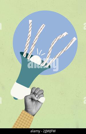 Creative retro 3d magazine image of arm palm holding loudspeaker newspaper news isolated drawing background Stock Photo