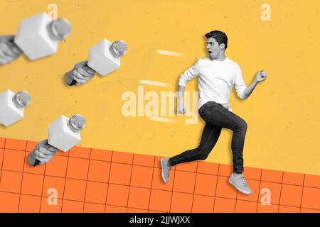 Photo cartoon comics sketch picture of hurrying guy running away from journalists crowd isolated orange drawing background Stock Photo