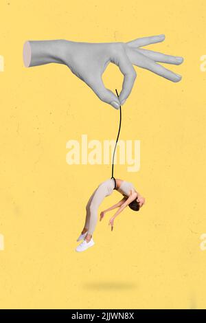 Artwork magazine picture of big huge palm holding hanging slim lady isolated drawing yellow background Stock Photo