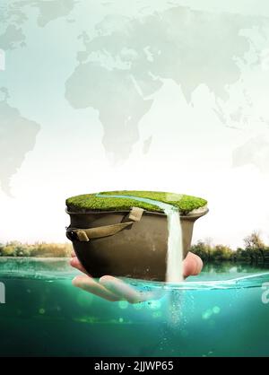 Hand holding helmet. Grass and stream in helmet. A work depicting World War. 3D illustration. Photo manipulation. World map in the background. Stock Photo