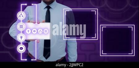 Businessman Wearing Necktie Showing Smartphone With Multiple S By Futuristic Frame And Boxes. Man With Cellphone Presenting Crucial Information And Stock Photo