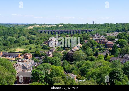 Aerial view of Conisbrough town and Conisbrough Viaduct a disused railway viaduct Conisbrough near Doncaster South Yorkshire England Uk GB Europe Stock Photo