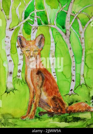 Fox under berch trees. The dabbing technique near the edges gives a soft focus effect due to the altered surface roughness of the paper. Stock Photo