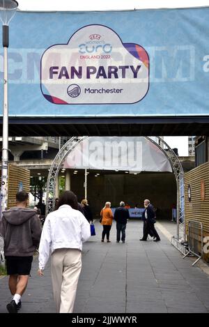 Fan Party site for UEFA Women’s EURO 2022, Piccadilly Gardens, Manchester, Greater Manchester, England, United Kingdom, British Isles. The site's final day will be 31st July, 2022, when the England women's football team, nicknamed the lionesses, play Germany at Wembley. Organisers said: 'Celebrate UEFA Women’s EURO 2022 with a Fan Party at Manchester's picturesque Piccadilly Gardens. The Fan Party will welcome fans and friends of all ages, from home and abroad, to be a part of the biggest ever European women’s sporting event.' Stock Photo