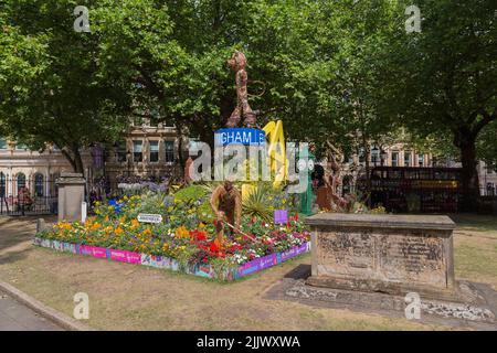 A flower display in Birmingham City Centre, featuring Perry the Bull the official mascot of the 2022 Birmingham Commonwealth Games and other icons. Stock Photo