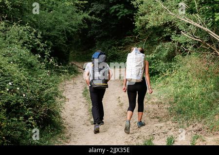 Full length rear view of hikers with backpacks walking on trail in forest Stock Photo
