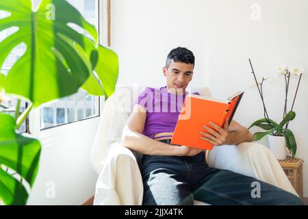 Young androgynous man reading book sitting on armchair near window at home Stock Photo
